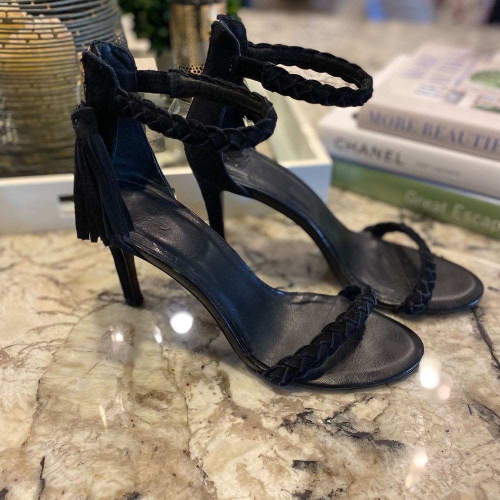 Joie Size 8 Black Suede Tassel Heels